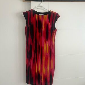 Carmen Marc Valvo Red, Pink & Yellow Abstract Midi Sheath Dress